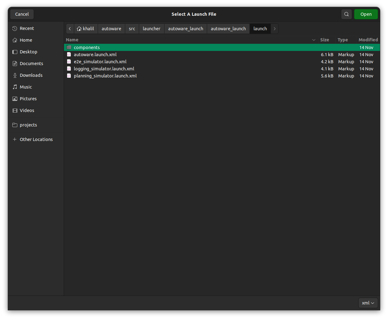 GUI screenshot for selecting launch file