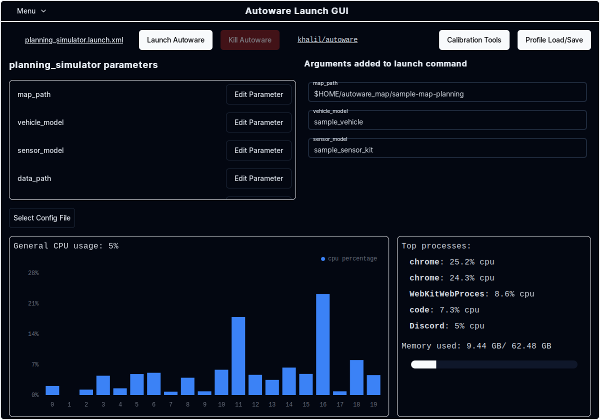 GUI screenshot for customizing parameters