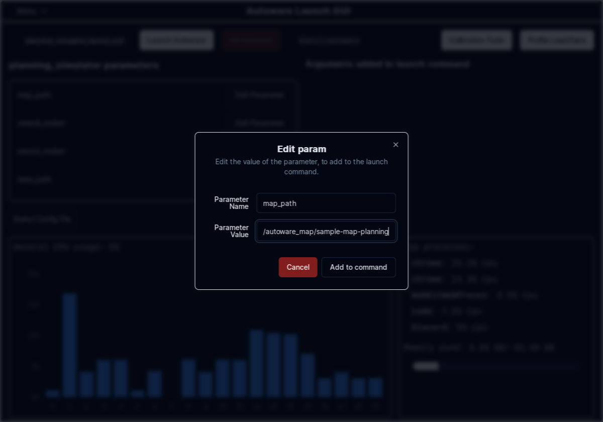 GUI screenshot for customizing parameters