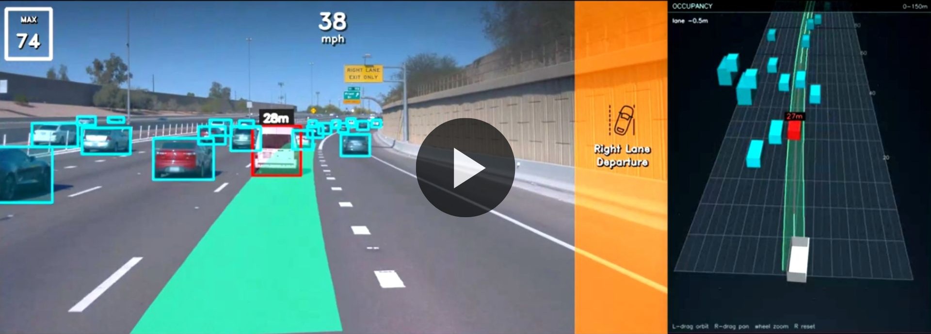 Vision Pilot HUD: detected vehicles, drivable path, lane-departure warning and the Occupancy bird's-eye panel