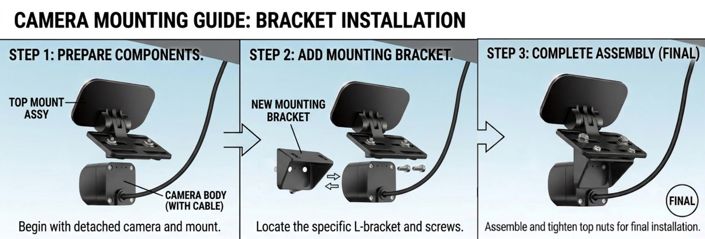 Recommended camera mounting position: behind the windscreen, below the rear-view mirror, on the vehicle centreline